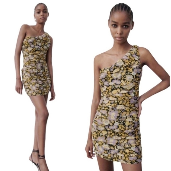 ZARA Ruched Floral One Shoulder Bodycon Mini Dress Womens Small Blogger Favorite - Picture 1 of 10